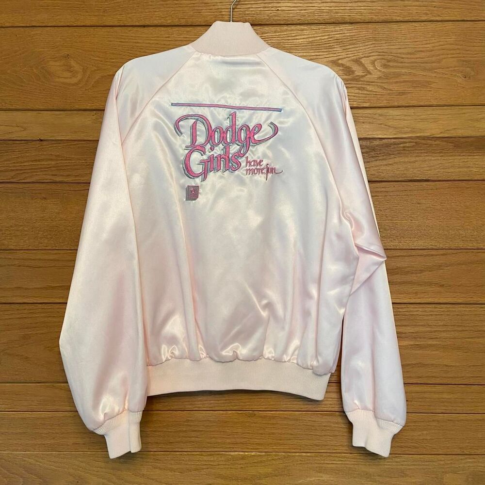 Vintage 80s "Dodge Girls Have More Fun" pink satin zip front bomber jacket